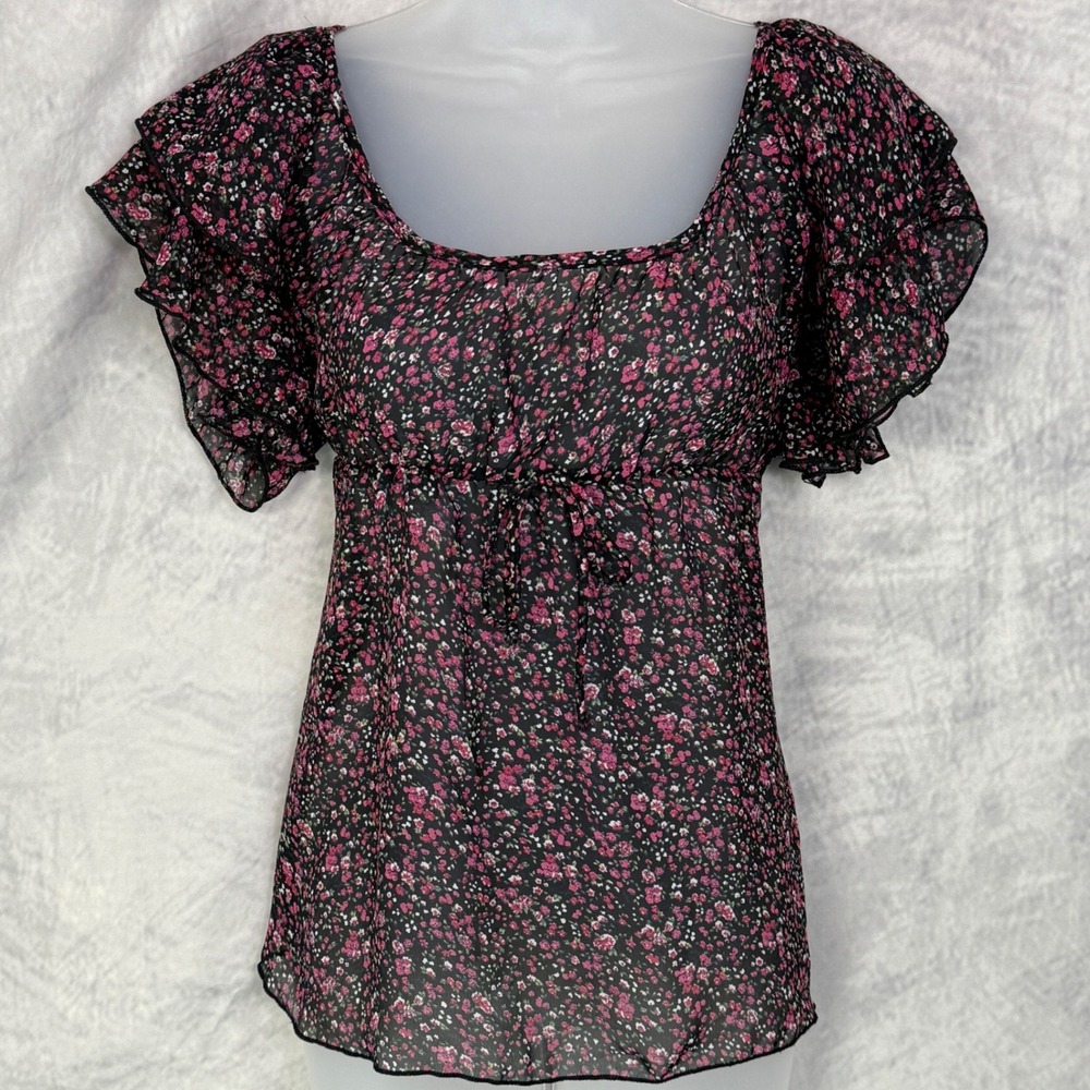 Vtg y2k dark Floral Square Neck babydoll top sz S sheer indie fairy‎ grunge USA